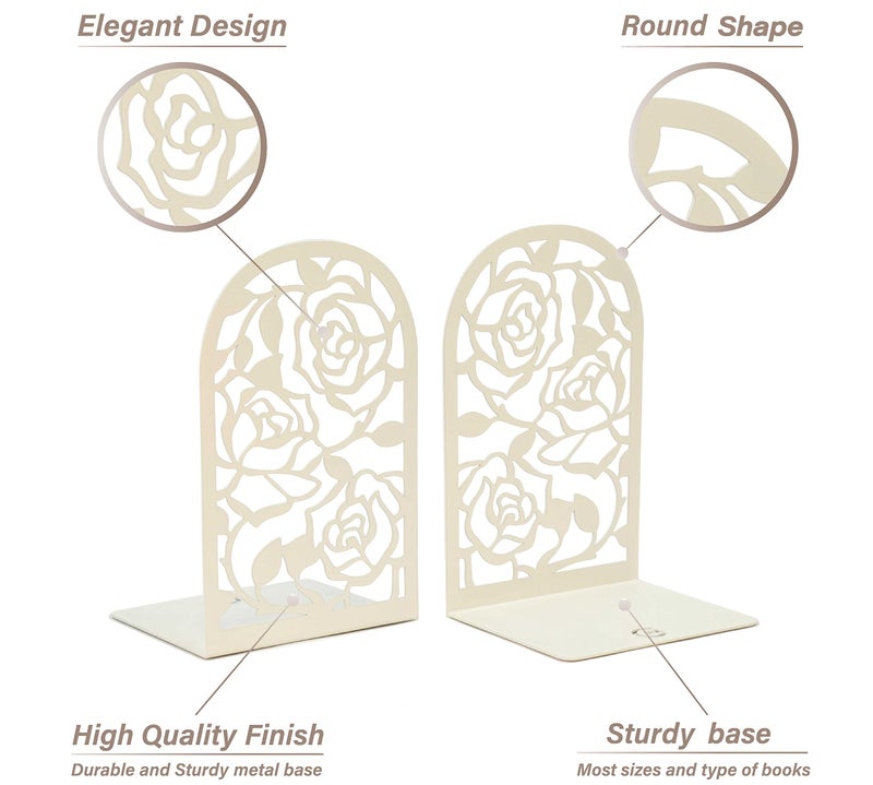 CNK Book Ends نهايات الكتب الممتازة لأرفف الكتب، سدادة الكتب المعدنية، نهايات الكتب المعدنية للمكتب المنزلي، الكتب الثقيلة، حامل رف الكتب، سدادات الكتب المزخرفة المنزلية، حامل الكتب (أبيض وردي) - Image 4